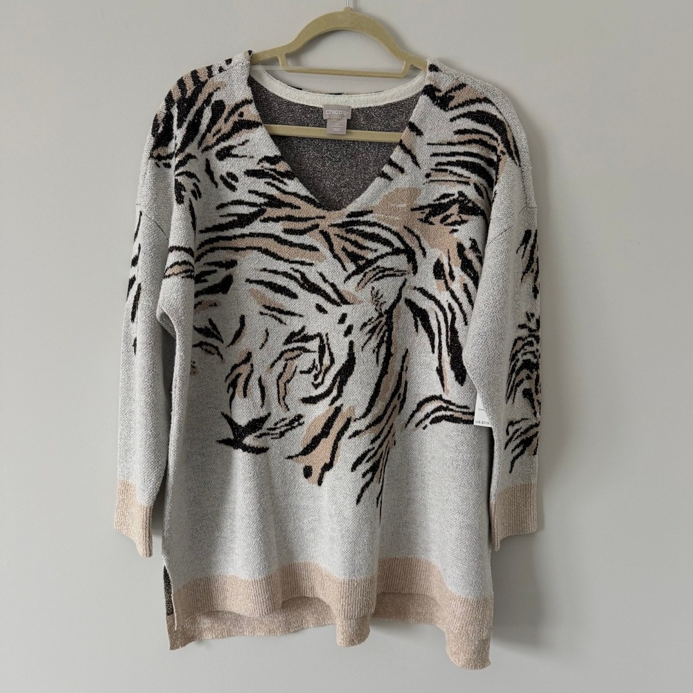Chicos V-Neck Pullover Sweater Neutral Tiger Print 2P NEW‎ Cream Tan Black